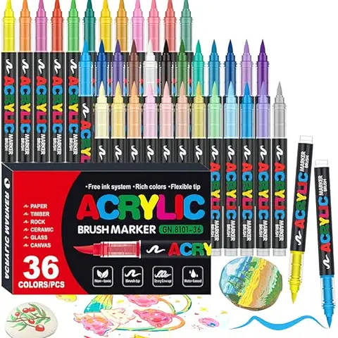 Guangna 36-Color Brush Tip Flex Acrylic Marker Pens Set, Professional Waterproof, Direct-Liquid Ink Control, 5mm Broader Strokes for Crafters, Exceptional Coverage Drawing Supplies for Acrylic Wood Art
