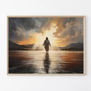 Frameless Art Poster: Original Oil Printing of Jesus Christ Walking on Water. A Religious Wall Art Matte Print, Christian Print Art with Holy Clouds. Ideal for Religious Wall Decor and Room Decor, bringing a spiritual touch to your space.