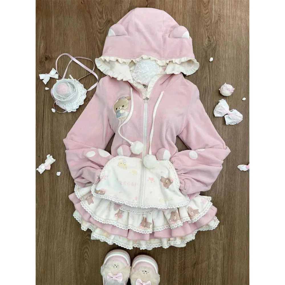 Winter Y2K Princess Elegant Women 2 Piece Sets Sweet Kawaii Hoodie + Lace Chic Pleated Skirt Female Retro Preppy Style Clothes