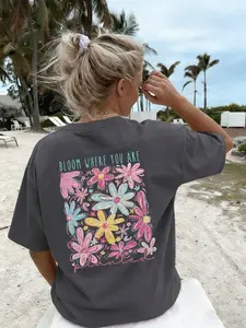 Women's Letter Print Round Neck Short Sleeve T-Shirt, Casual Loose Versatile Vacation Style Top, Suitable For Daily Wear, Vacation And Fashionable Summer