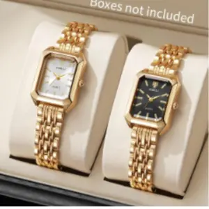 2Pcs Gold Square Watch Set for Women | Black & White Dial Minimalist Watches