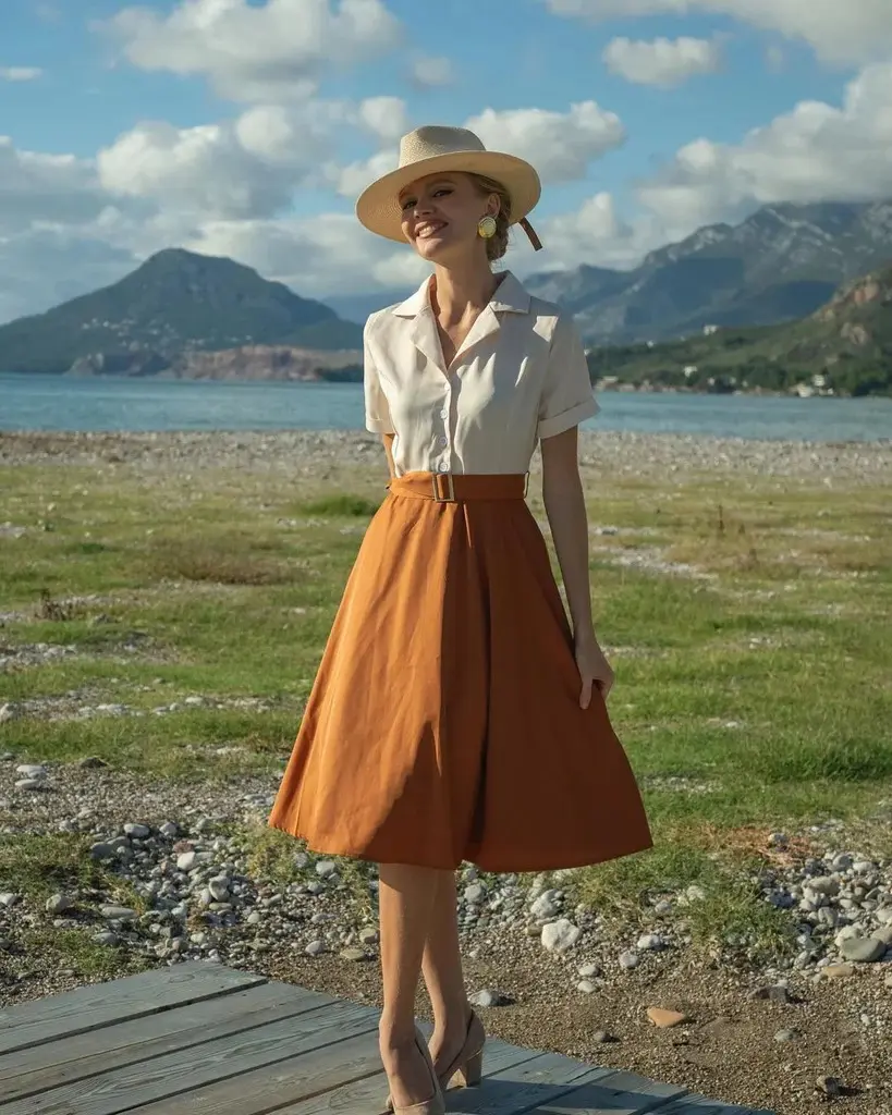 RETRO STAGE Women's 1950s Vintage A-Line Swing Dress, Solid Khaki Button-Down with Short Sleeves for Brunch Outfits, Lady, Casual Fashion Dress, Vintage Clothing, Brunch Outfit Ideas