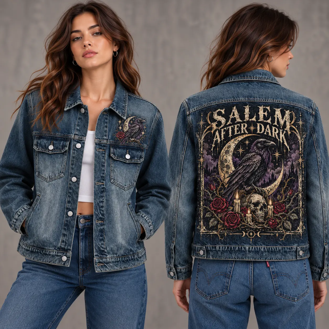 Custom Salem Witch Denim Jacket, Gothic Raven Skull Rose Printed Washed Jean Jacket With Front and Back Print, Women's