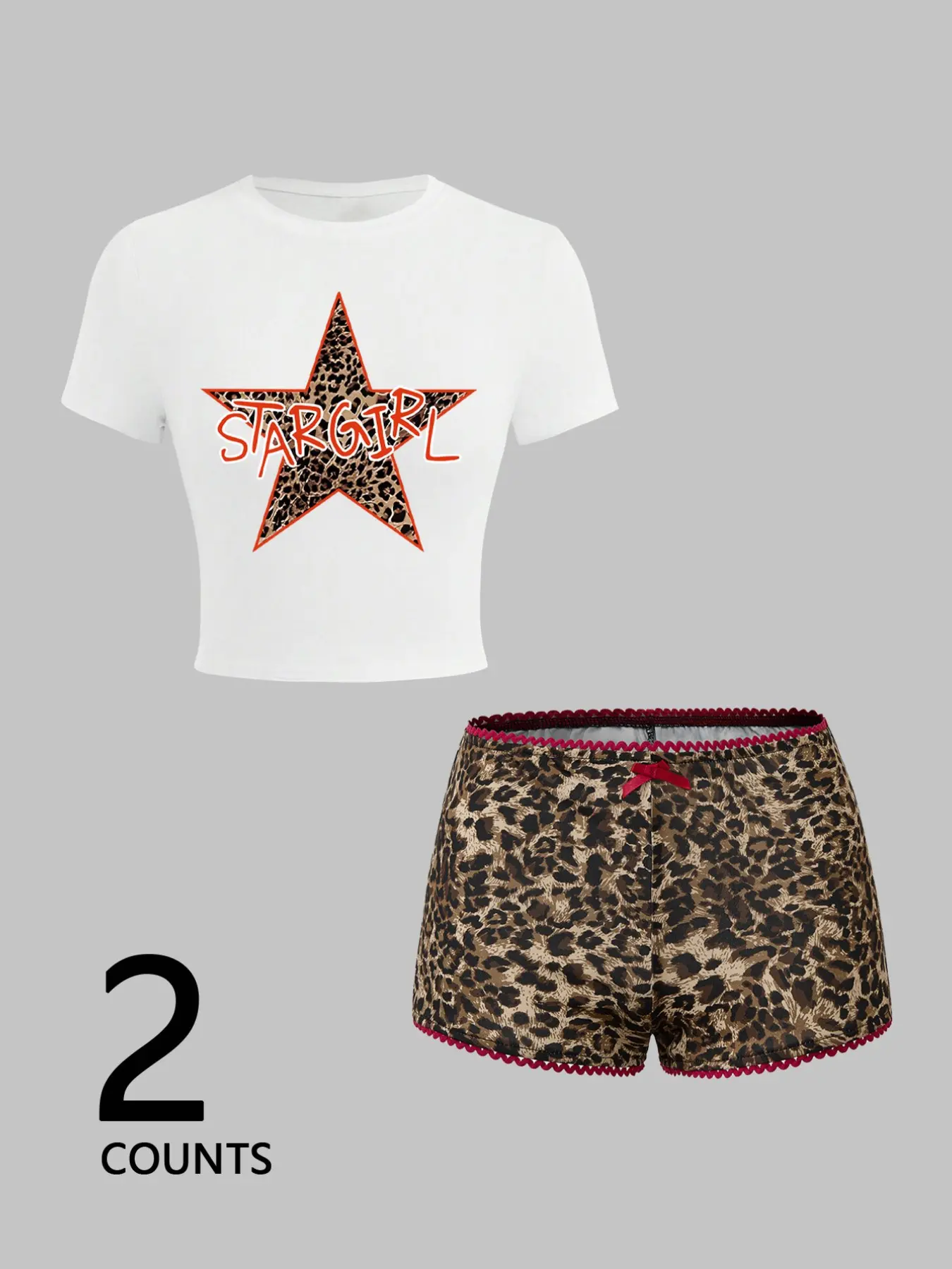 Women's Summer Leopard Print Star Letter Pattern Short Sleeve Crewneck T-Shirt + Ruffle Leopard Shorts Set, Casual Two-Piece, Fashion Trendy Shorts Combo