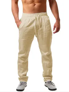 Men's Linen Long Pants, Summer Beach Shorts with Drawstring, Comfortable Lightweight Joggers, Casual Fitted Style, Moderate Fabric Thickness