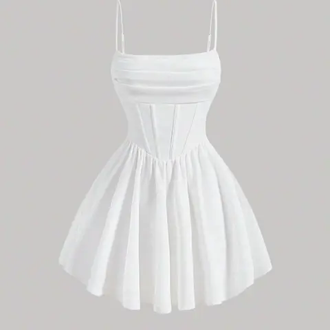 Summer Casual Chic Fashion Pleated Ruched Waist Knit Spaghetti Strap Cami Dress, Elegant Sleeveless Fit Cocktail Party Dress for Women, Womenswear, Perfect for Parties & Daily Wear