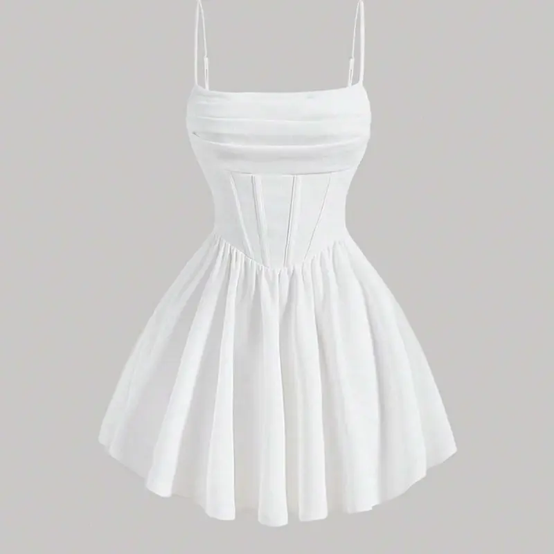 Summer Casual Chic Fashion Pleated Ruched Waist Knit Spaghetti Strap Cami Dress, Elegant Sleeveless Fit Cocktail Party Dress for Women, Womenswear, Perfect for Parties & Daily Wear