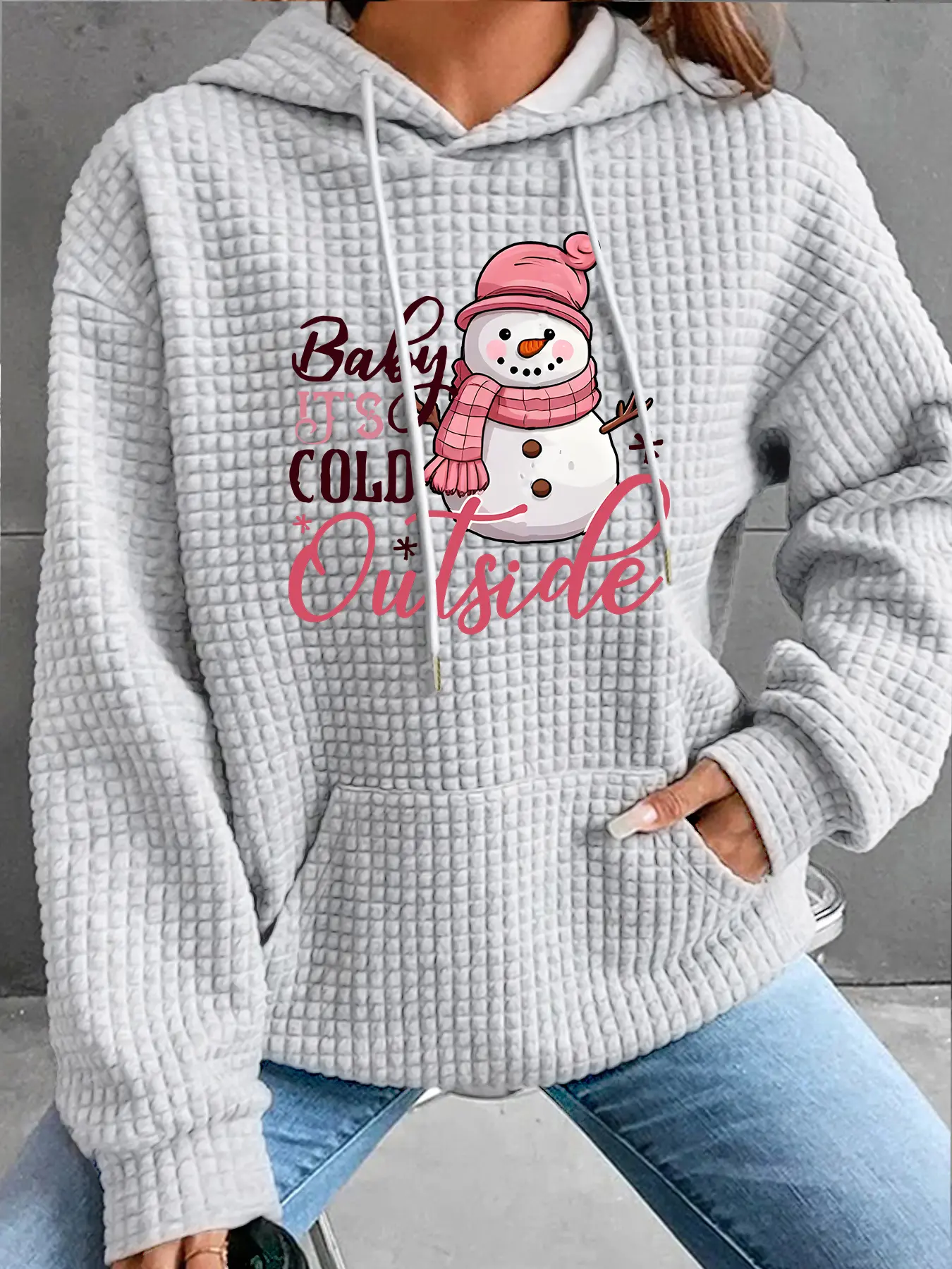 Women's Trendy Fashion Loose Baggy Hooded Sweatshirt with Snowman Print, Long Sleeve Pocket Design, Casual Top for Fall & Winter