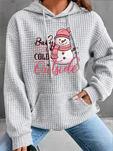 Women's Trendy Fashion Hooded Sweatshirt with Snowman Print, Long Sleeve Pocket Design, Casual Top for Fall & Winter