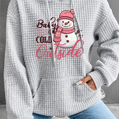 Women's Trendy Fashion Loose Baggy Hooded Sweatshirt with Snowman Print, Long Sleeve Pocket Design, Casual Top for Fall & Winter, Loose Sweatshirts