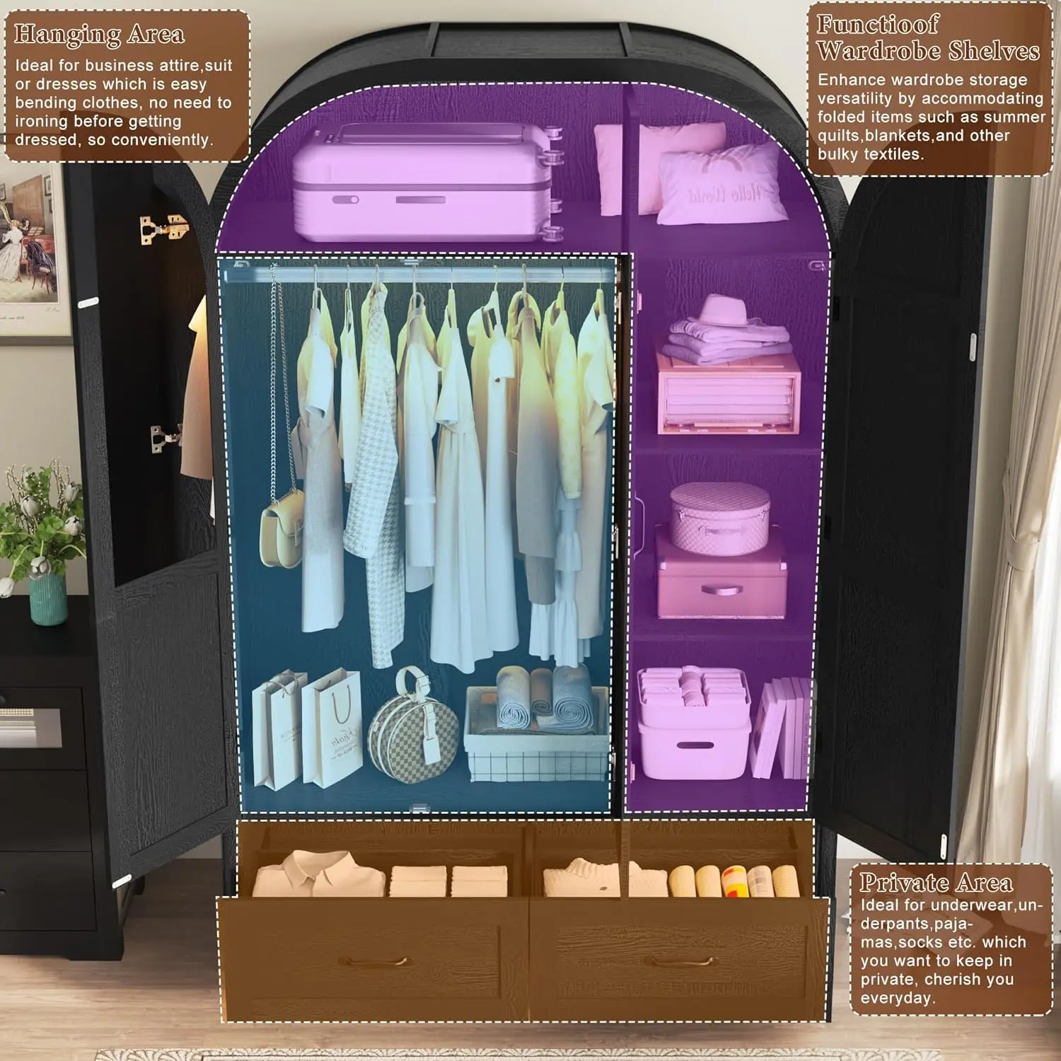 3 Doors Armoire Wardrobe Closet with Mirror and Lights, 71" Farmhouse  Arched Wooden Wardrobe Cabinet with 2 Drawers,Hanging Rod, Clothing Storage  Closet Cabinet for Bedroom,Light Rustic Oak/Black summervibes - TikTok Shop