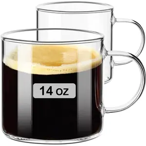 Clear Coffee mug 14oz, Glass Coffee Mugs Set of 2, Large Glass Coffee Cups with Handle for Hot/Cold Drink, Latte, Cappuccino, , Juice and