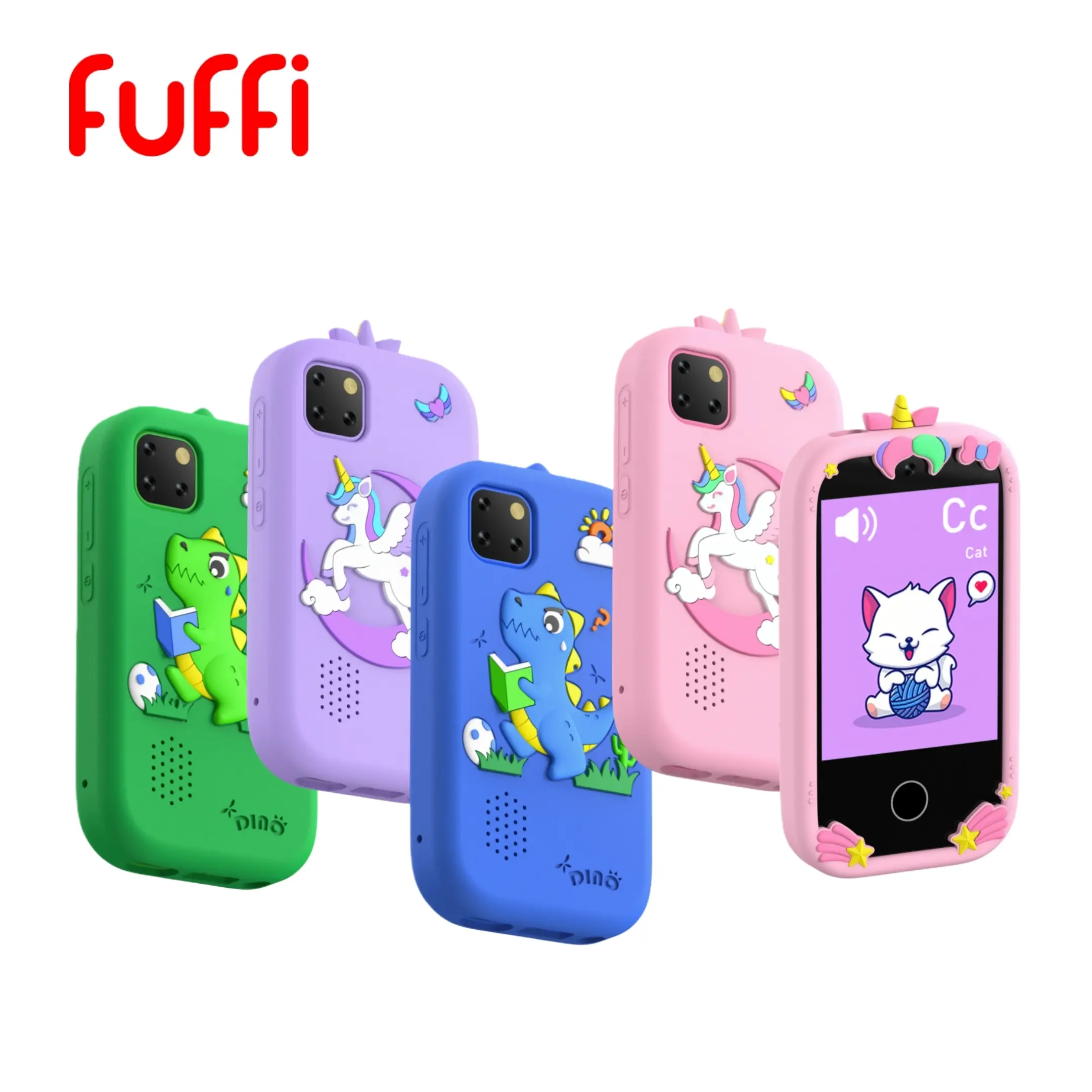 FUFFI children's mobile phone, 2.8-inch screen, 600 mAh battery, basic knowledge/brain games/early education/music/video/flashlight, Learning Tool. Unicorn and dinosaur-shaped phone cases, cute silicone covers and hanging cords.