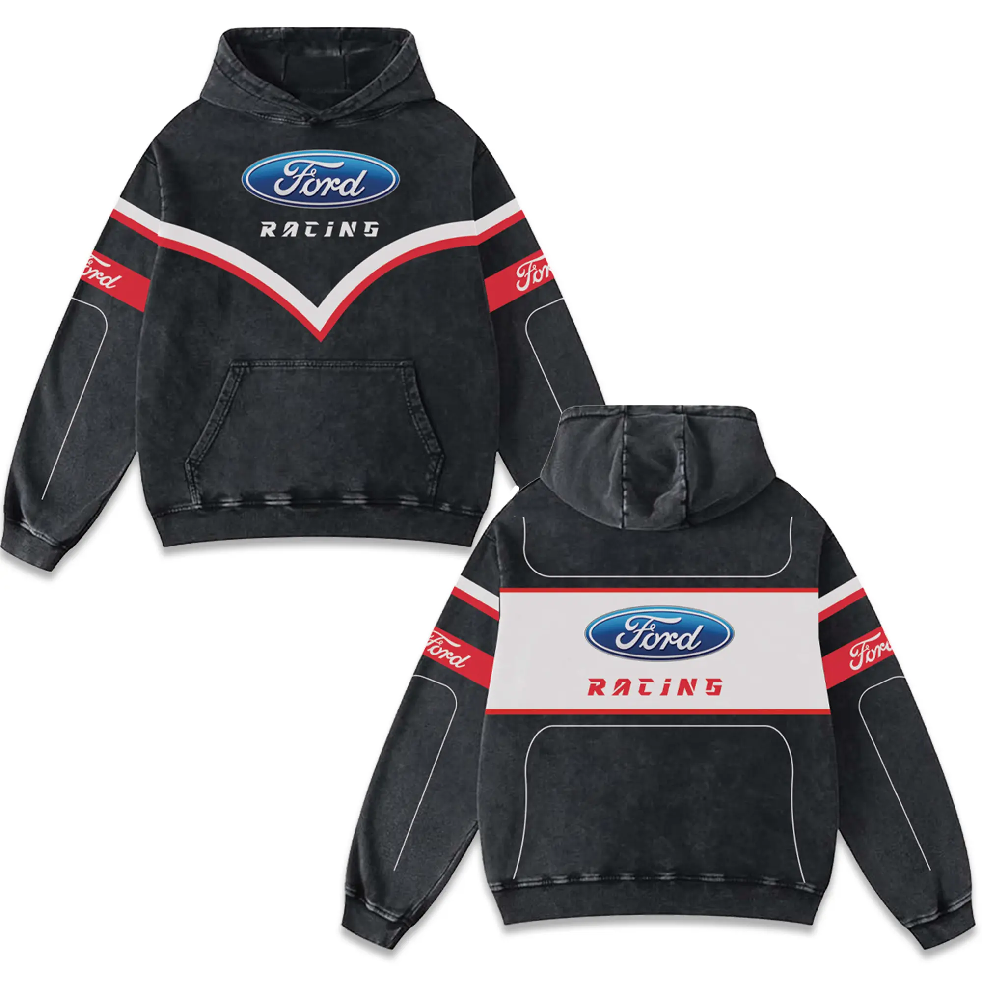 Retro Ford Racing Washed Hoodie Motor World Champion Enthusiast Apparel Streetwear Racing Team Motorcycle Clothing Motorbike Riders Supermotor Off-Road Dirt Bike Fan Gear Cotton For Motor Fan