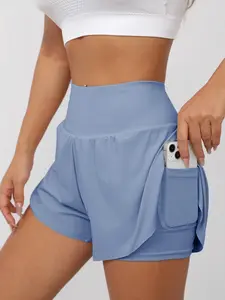 Women's 2 in 1 Solid Color Pocket Sports Shorts, Breathable Fitness Shorts, Casual Comfy Breathable Skinny Shorts for Yoga Gym Workout Running, Ladies Sportswear for Spring & Fall, Athletic Shorts