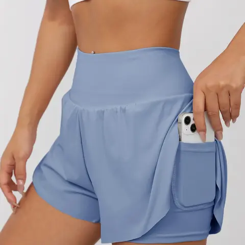 Women's 2-in-1 Solid Color Pocket Sports Shorts, Casual Comfy Breathable Skinny Shorts for Yoga, Gym and Workout, Athletic Shorts, Lightweight Workout Compression Shorts, Soft Shorts