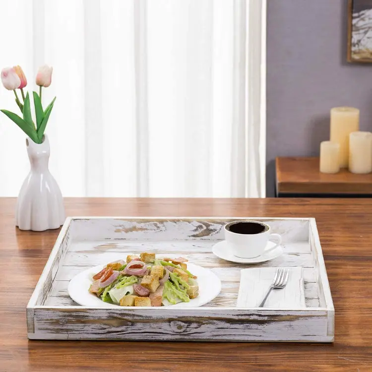 Whitewashed 19-Inch Square Wood Ottoman Tray, Serving Tray with Cutout Handles