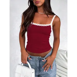 Madar Contrast Lace Cami Top For Summer - Burgundy Spaghetti Strap Sleeveless Slim Fit Knitted Fabric Casual Home Wear Womenswear Crop
