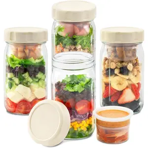 32oz Glass Salad Jars (4-Pack) with Leakproof Lids, Meal Prep Kitchen Canister Containers, 2 Built-in Wet-Dry Separation Boxes for Dressing & Dry Ingredients, Kitchen Utensil Accessory, Wet-Dry Box