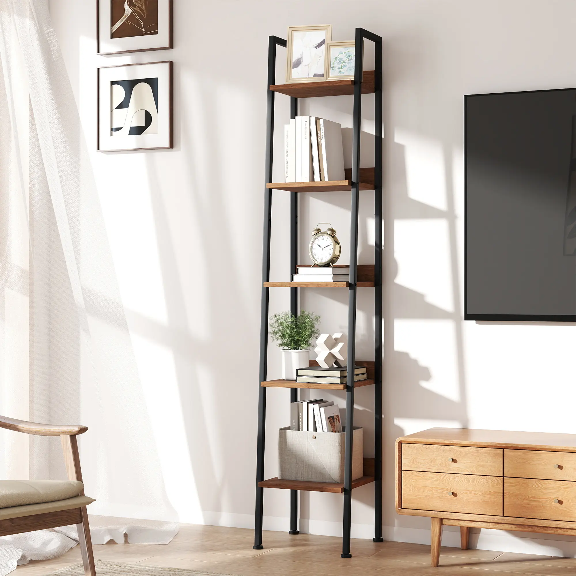 MURAGO Rustic Brown 4-Tier & 5-Tier Wooden Bookshelf Rack with Stainless Steel Hardware, Anti-Tipping Home Organizer for Small Spaces, Living Room Storage Solution summergarden