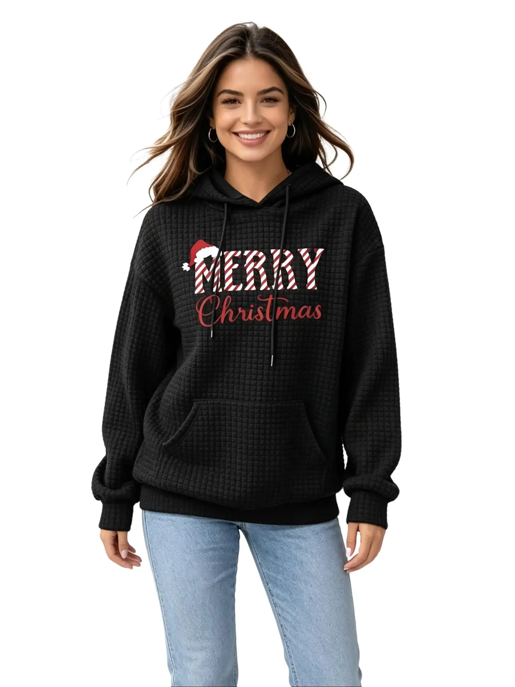 Hoodies for Women Waffle Knit Candy Cane Stripe Print Oversized Sweatshirt Button Down Drawstring Hooded Pullover Tops for Fall & Winter
