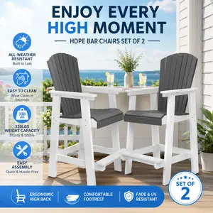 2 Pack HDPE Outdoor Bar Chair Tall Adirondack Stool  Set Weather Resistant High Back Patio Bar Stool for Deck Garden Backyard Poolside Balcony Furniture Modern White and Gray Durable Deck Seating