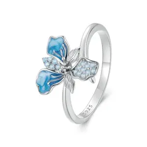 WOSTU 925 Sterling Silver Blue Iris Flower Ring – Luxury Opal & Zircon Stackable Statement Ring for Women | Wedding, Party & Gift