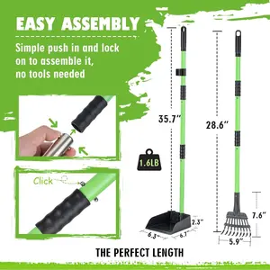 35.7 in Pooper Scooper, Dog Pooper Scooper Long Handle Stainless Metal Tray Rake Set for Dogs - Use on Grass, Dirt or Gravel - Pet Supplies (Green)