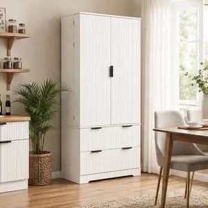 ARCH 72" Tall Fluted Kitchen Pantry Cabinet, Freestanding Storage Organizer with 2 Large Drawers & 8-Door Spice Racks, MDF White Cupboard for Dining Room, Bathroom, Office, Entryway, Modern French-Inspired Design, White Color Options