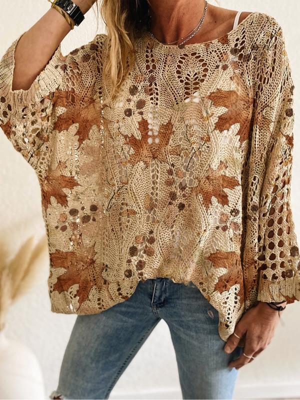 Women's Maple Leaf Print Long Sleeve Knit Top, Casual Elegant Commuter ...