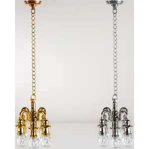 Dollhouse Miniature Chandelier 1:12 Scale Miniature Ceiling Lamp 2PCS Golden Silver 5-Head Crystal Pendant Ceiling Light, Mini Hanging Lamp Furniture Decor Accessories for Dollhouse DIY Decor