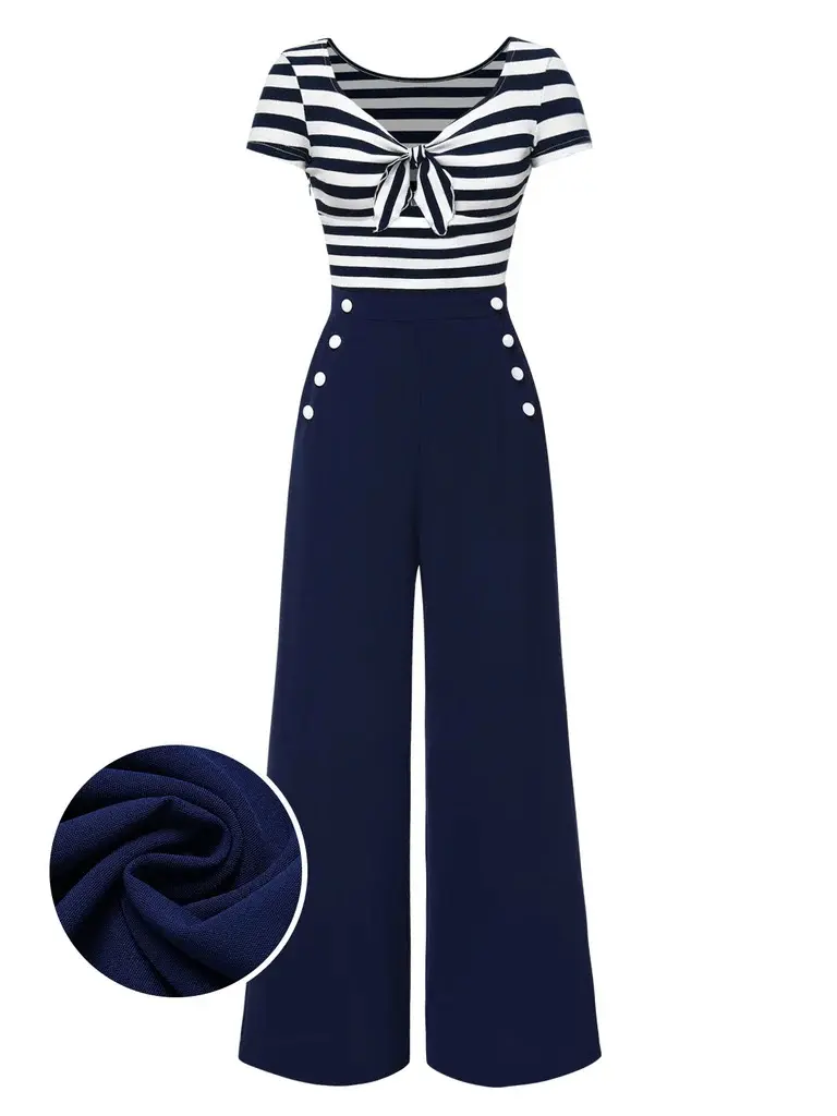 RETRO STAGE Women's 1950s Vintage Striped Jumpsuit, Elegant Patchwork Ankle Length Evening Wear with Cap Sleeves and Unique Hollow Bow, Lady, Striped Top, Iron Reverse, Do Not Bleach, Zip