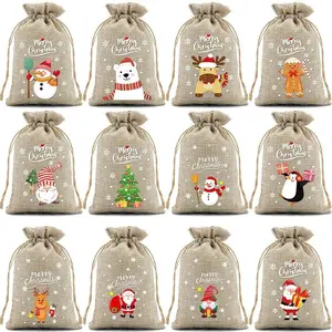 12pcs/24pcs Christmas Burlap Gift Bags – Reusable Drawstring Linen Pouches for Party Favors, Gift Wrapping & Xmas Decor – Cozy Holiday Aesthetic, Room Decor