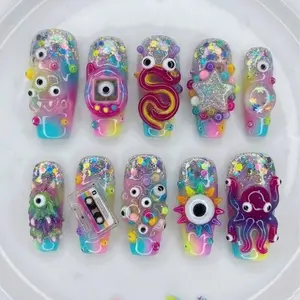 Cosmic Rainbow Monster Press On Nails, Y2K Alien Pop Art Design, Glitter Galaxy Mix, 3D Eye Charms, Retro Cassette & Star Details, Kawaii Fantasy Handmade Press On Nails, Maximalist Statement Nails Gifts for Her