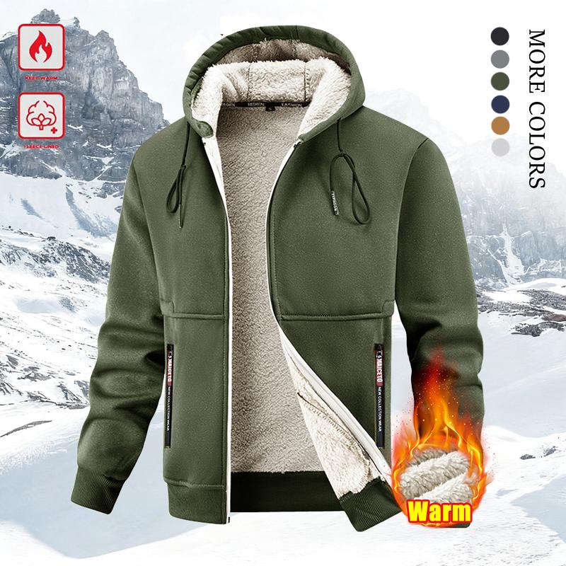 Men's Winter Fleece Hoodie – Thick, warm jacket with an adjustable drawstring hood, ribbed cuffs, and zippered front; perfect for outdoor hikes, jogging, fishing, gym workouts, or casual wear; fleece lining provides wind protection