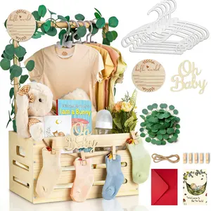 Wooden Storage Basket, Baby Shower Crate, Baby Gift Basket with Hanger, Wreath, and Tag, Ideal for Newborn and New Parents' Clothing Storage