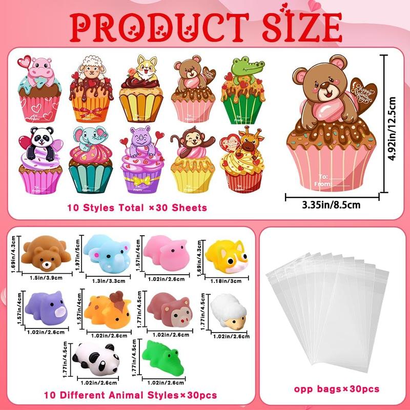 30 Pack Valentine’s Day Mochi Squishies with Cards for Kids – Mini Animal Squishy Stress Relief Toys, Valentine Party Favors for Classroom Exchange & School Gifts