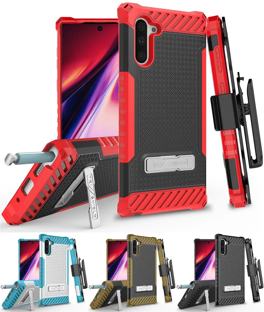 Case with Clip for Galaxy Note 10, Tri-Shield [Military Grade] Rugged Cover with Metal Kickstand [Includes Wrist Strap Lanyard + Belt Hip Holster] for Samsung Galaxy Note 10 Phone (SM-N970, SM-N971)