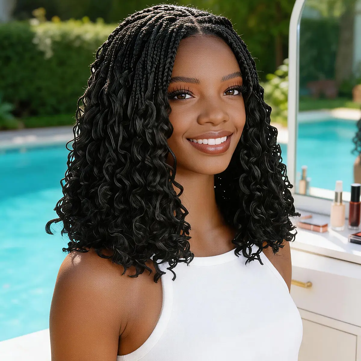 Lightweight Short 12 Inch Bob Braided Wigs for Women Synthetic Hair Double Full Lace Hair Blended Braid Wig with Bohemian Curly Ends, Goddess Boho Box Braids Wig