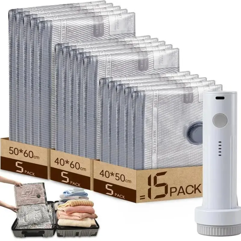 15 Pack Travel Vacuum Storage Bags, Sealing Storage Bags with Rechargeable Electric Pump, Compression Seal Bag for Luggage and Suitcase, 5 Small + 5 Medium + 5 Large Space Saving Bags for Clothing Travel, Reusable Compression BagsGift.
