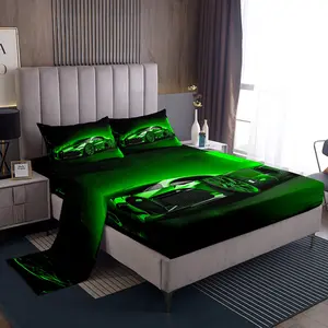 Feelyou Extreme Sports Theme Bedsheet Sets - Vibrant Race Car Print, Green Decorative Design, All-Season Bedroom Decor for Boys