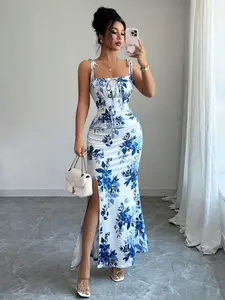 Women's Floral Print Thin Strap Waist Cinching Split Backless Dress, Formal Evening Party Vacation, Spring Summer Elegance Clothing, Fit