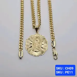 Virgin Mary Pendant Chain Cuban Link Style 24 Inches 6 Millimeters Laminated Gold Elegant Jewelry SKU CH07 PE11
