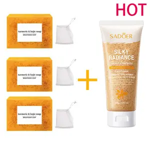 Turmeric & Kojic Brightening Soap with Drawstring Bag + Turmeric Niacinamide Oil-Control Face Scrub Combo, Cleanses, Exfoliates, Fades Discoloration, Reveals Smooth, Bright Skin for Daily Use