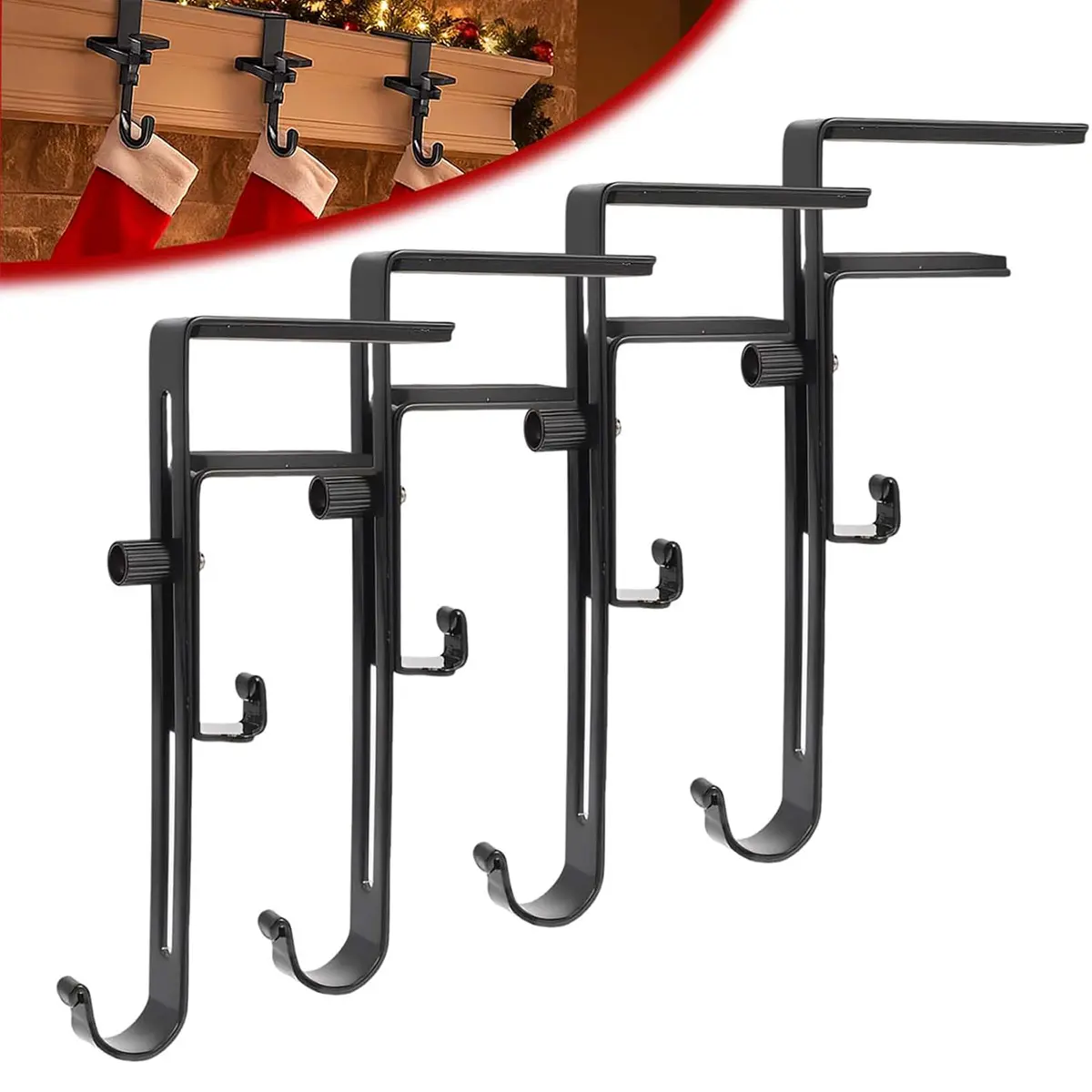 4 Pcs Christmas Stocking Holders for Mantle-Fireplace Stocking Hangers- Metal Christmas Stocking Garland Hooks for Xmas Home Party Decoration (Black)
