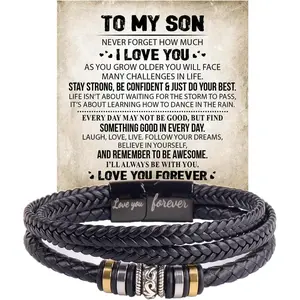 To My Son Grandson Bracelet From Mom Grandma, Infinity Knot Love You Forever Linked Together Handmade Leather Cuff Mens Christmas Xmas Birthday Weave Gift Jewelry