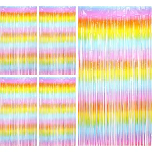 5 Pack Rainbow Streamers Curtains Party Decoration, 3.3x6.6 Ft Foil Fringe Pastel Rainbow Party Decorations Easter Decorations, Wedding Party Fringe Tinsel Rainbow Birthday Decoration Backdrop