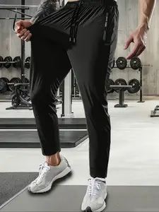 Single piece men's summer outdoor quick drying ice silk pants, Running Workout Pants, Sports Trousers, high elasticity and breathability, ankle cuffs, with zippered pockets and drawstring, suitable for gym exercise and running.