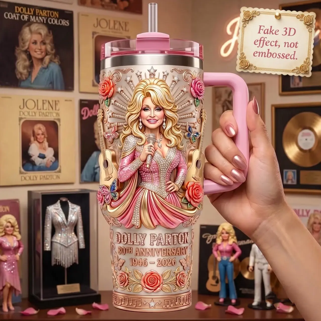Dolly Parton 80th Anniversary 1946-2026 Tumbler 40oz With Handle Straw, Fake 3D Carved Singer Portrait Guitar Butterfly Rose Insulated Stainless Steel Travel Mug Cup, Country Music Queen Fan Birthday Gifts For Women Men,Gift For Fan Queen Of Country Music