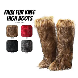 Womens Fur Knee High Boots Y2K Style Fashion Round Toe Flat Heels Comfy Warm Cozy Long Easy Pull On Party Dressy Outdoor Fluffy Flurry Winter Snow Boots Deals For You Days